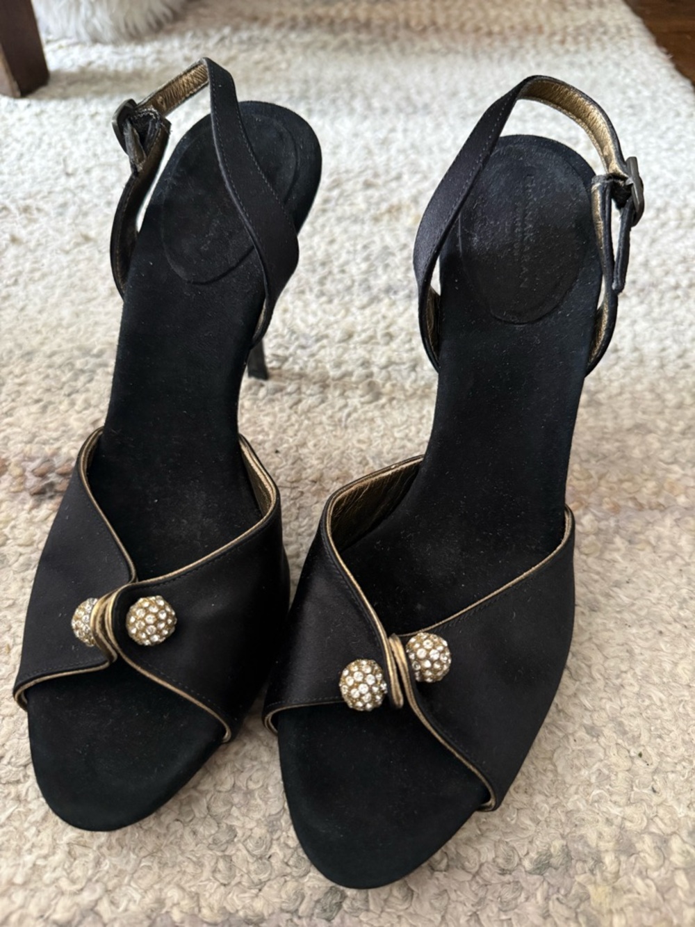 Black Satin Peep-Toe Heels with Rhinestone Accents.
